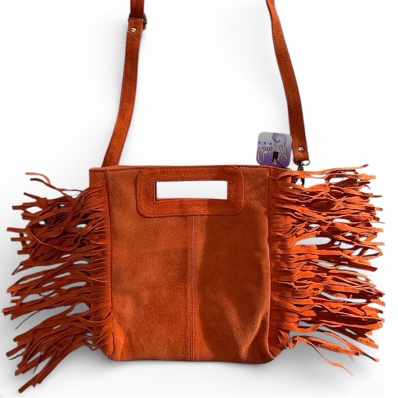 NWT 100% LEATHER FRINGE HANDBAG WITH SHOULDER STRAP/CROSSBODY IN BURNT ORANGE - Picture 3 of 7